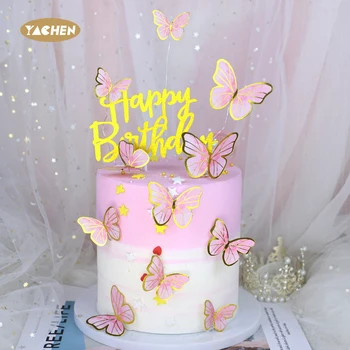 Yachen Hot Sale 12Pcs Beautiful Butterfly Cake Topper 3D Cupcake Toppers for Girls Women's Party Cake Decoration Baking Supplies