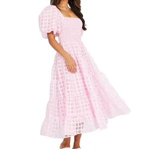 Custom Trend Lady Apparel Pink Shirred Bust Puff Sleeve Square Neck Women Elegant Casual Midi Dresses