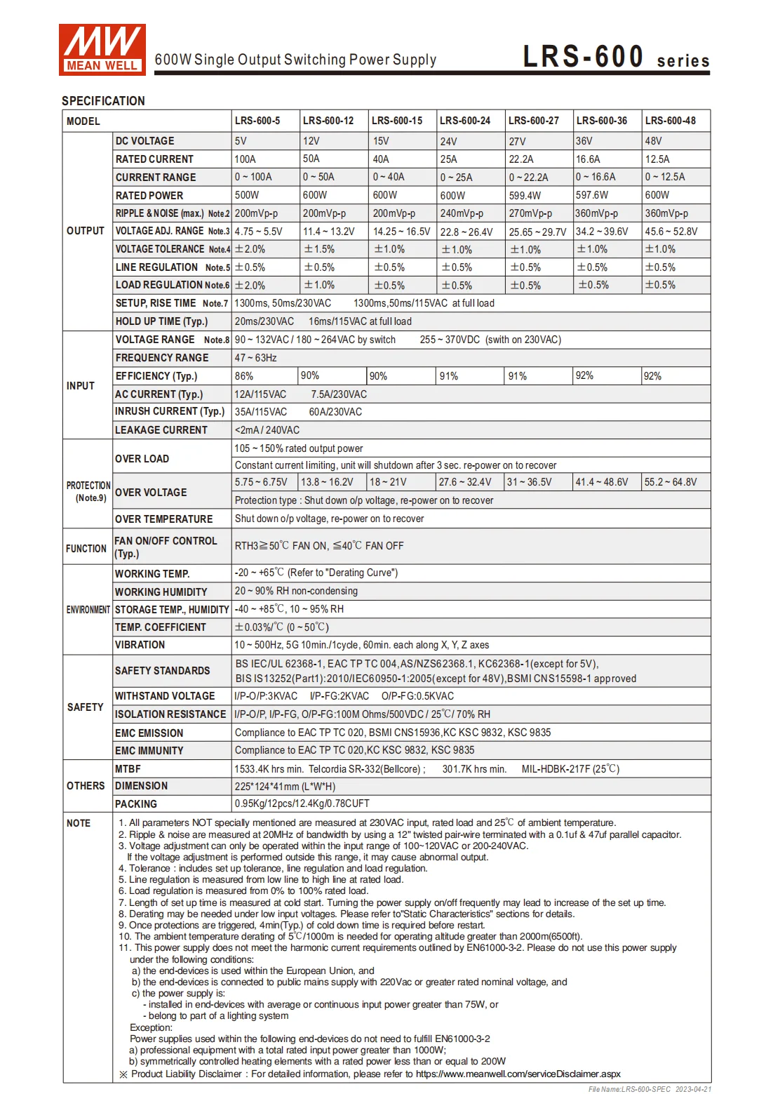 Meanwell Switching Power Supply LRS-600-48