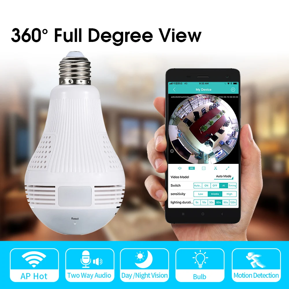 Two Year Warranty Two Way Audio Wifi Panoramic Pir Surveillance Light Bulb Security Camera