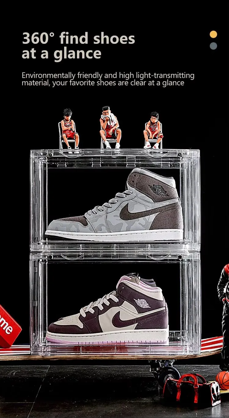Hot Sale Acrylic Shoe Box Foldable Waterproof Magnetic Drop Design Dustproof Clear Sneaker Crates for Living Room Kitchen details