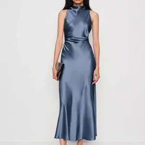 Wisrise Fashion OEM Custom Elegant Style Women's Slate Blue Satin Sleeveless Slim Fit Maxi Dress