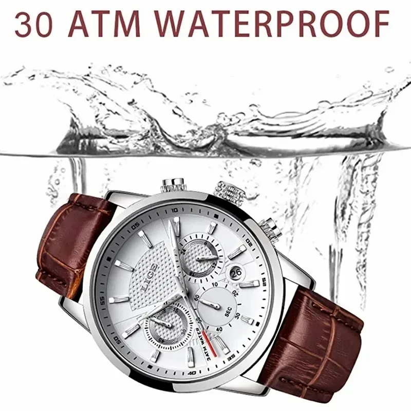 LIGE Orologio Uomo Analogico Quarzo Cronografo, Cinturino In Pelle, Impermeabile 3 ATM, Cassa In Acciaio Inox, Business Casual, Regalo - 2
