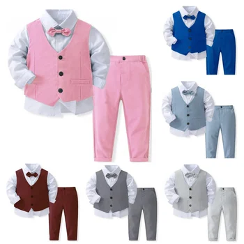 Baby Boys Clothes Formal Suits Gentleman Long Sleeve Shirt Tie Vest Trousers 3Pcs Set Autumn New Kids Boys Birthday Party Dress