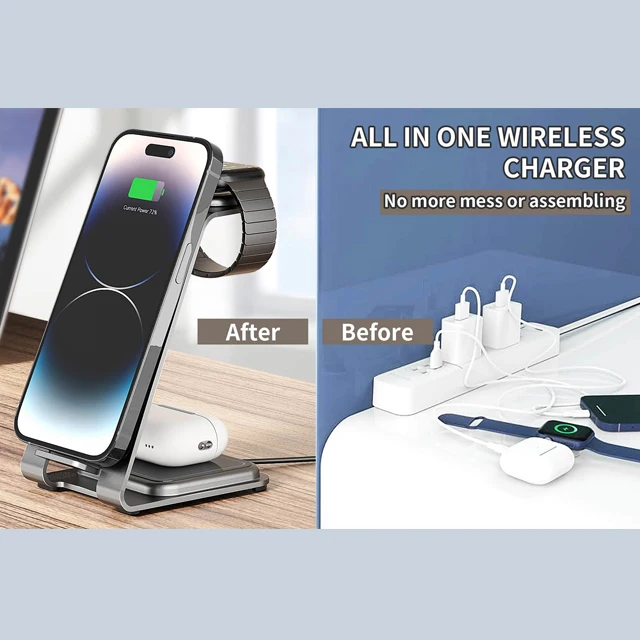 Oem Desk Portable Phone Wireless Charger 3in1 Qi 15w Fast Mobile Phone