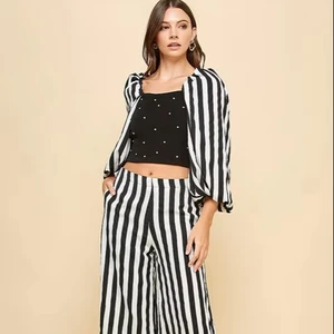 Women's Black White Stripe 2-piece Set Square Rhinestone Camisole + Wide-leg Pants Daily Wear Luxury Vintage Cocktails XS