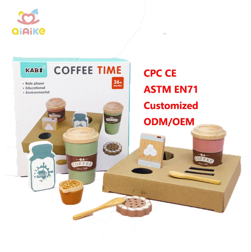 Creative Wood Play Kitchen Accessories Simulation Coffee Set Toy Unisex Kids Pretend Play Coffee Cup Toys Educational