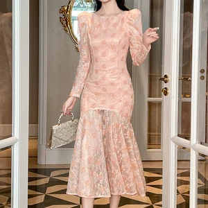 ZYHT 65182 Fashionable Women's Dresses Clothing Pink Puff Sleeve Midi Party Beaded Lace Mermaid Evening Dresses