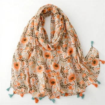High Quality New Fancy Orange Flower Printed Luxurious Embroidered Scarf Shawl Muslim Women Cotton Linen Premium Hijab Scarves
