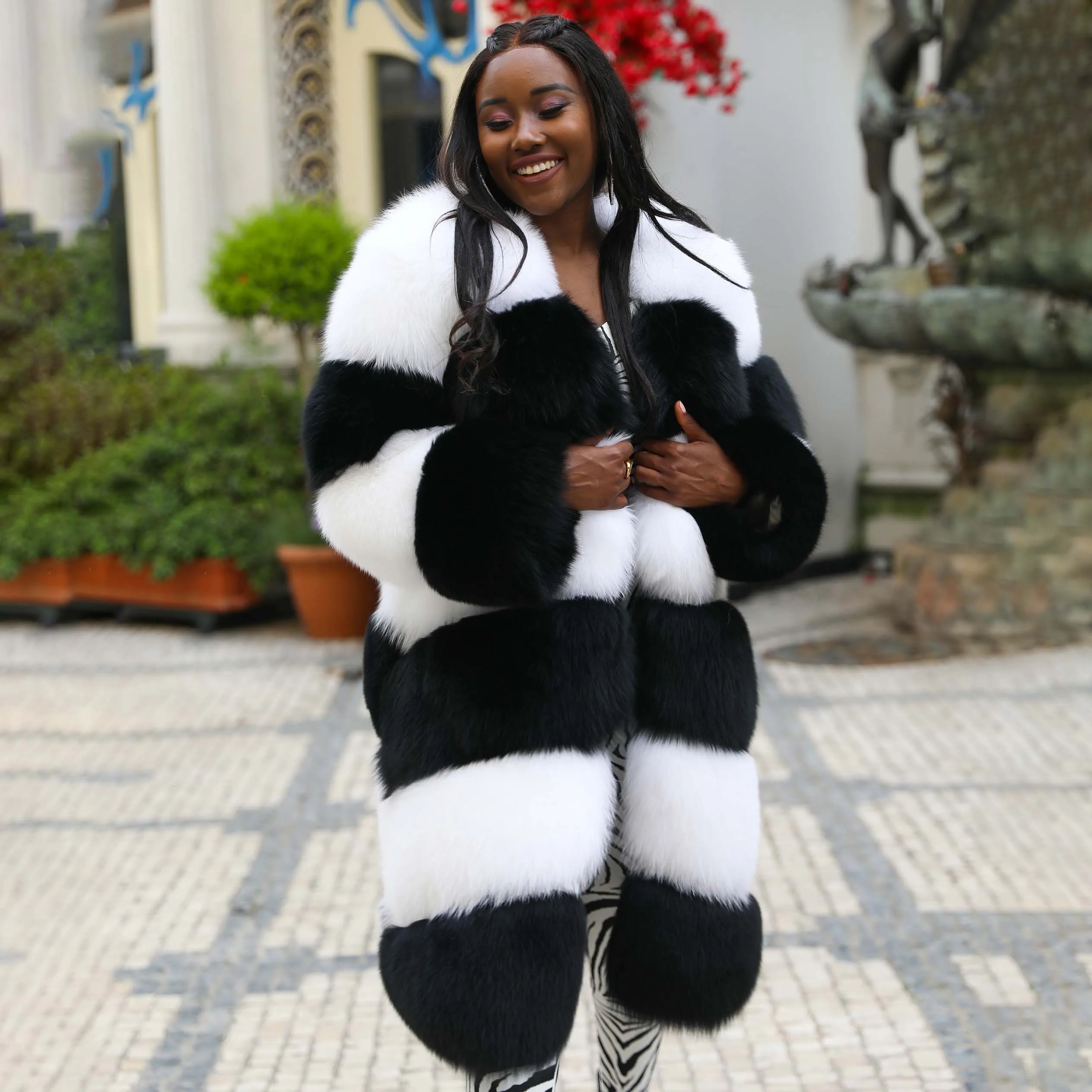 Ladies Mixed Fur Coat - Elegant Black and White Fox