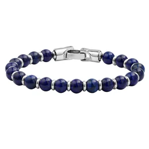 TIZTI BRACELET Men's Natural Lapis Lazuli Stone with Steel Clasp Round Beaded Bracelet