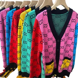 Ladies' Slim Winter Free Knitted Cardigan Sweater Day Model V-Neck Jacket Custom Knit Contrast Color Pattern Fashionable Casual