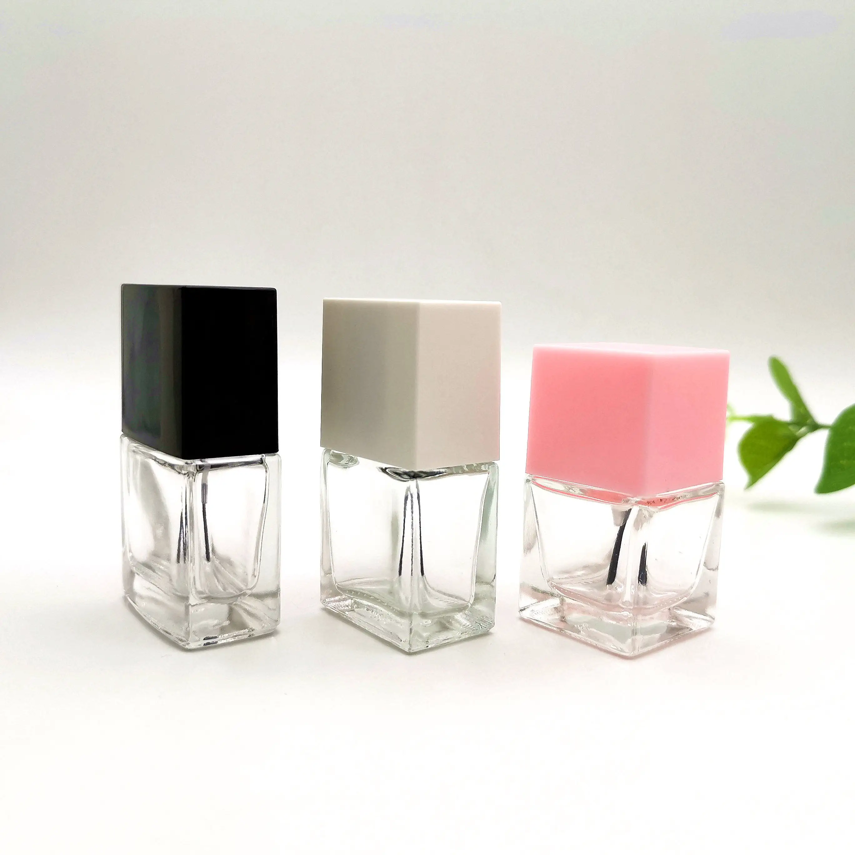 Square Shape Clear UV Gel Glass Nail Polish Bottle With Black And White Cap And Brush