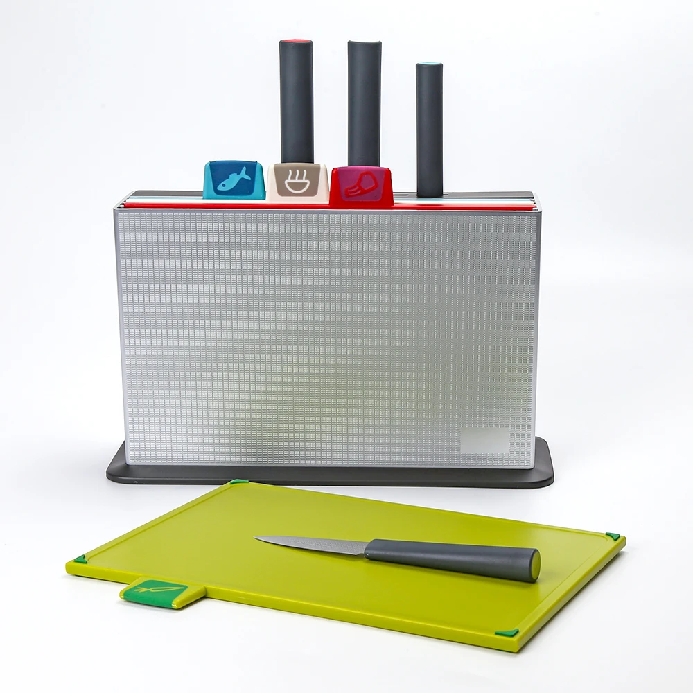 Plastic Cutting Board Set with 4 Stainless Steel Kitchen Knife and Stainless Steel Storage Case Color-Coded Board