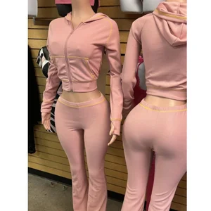 Viviblook Z905ST02 Women Set Hooded Tops Flare Pants Suits Waffle Texture Striped 2026 Autumn Casual Street Baddie 2 Piece Sets