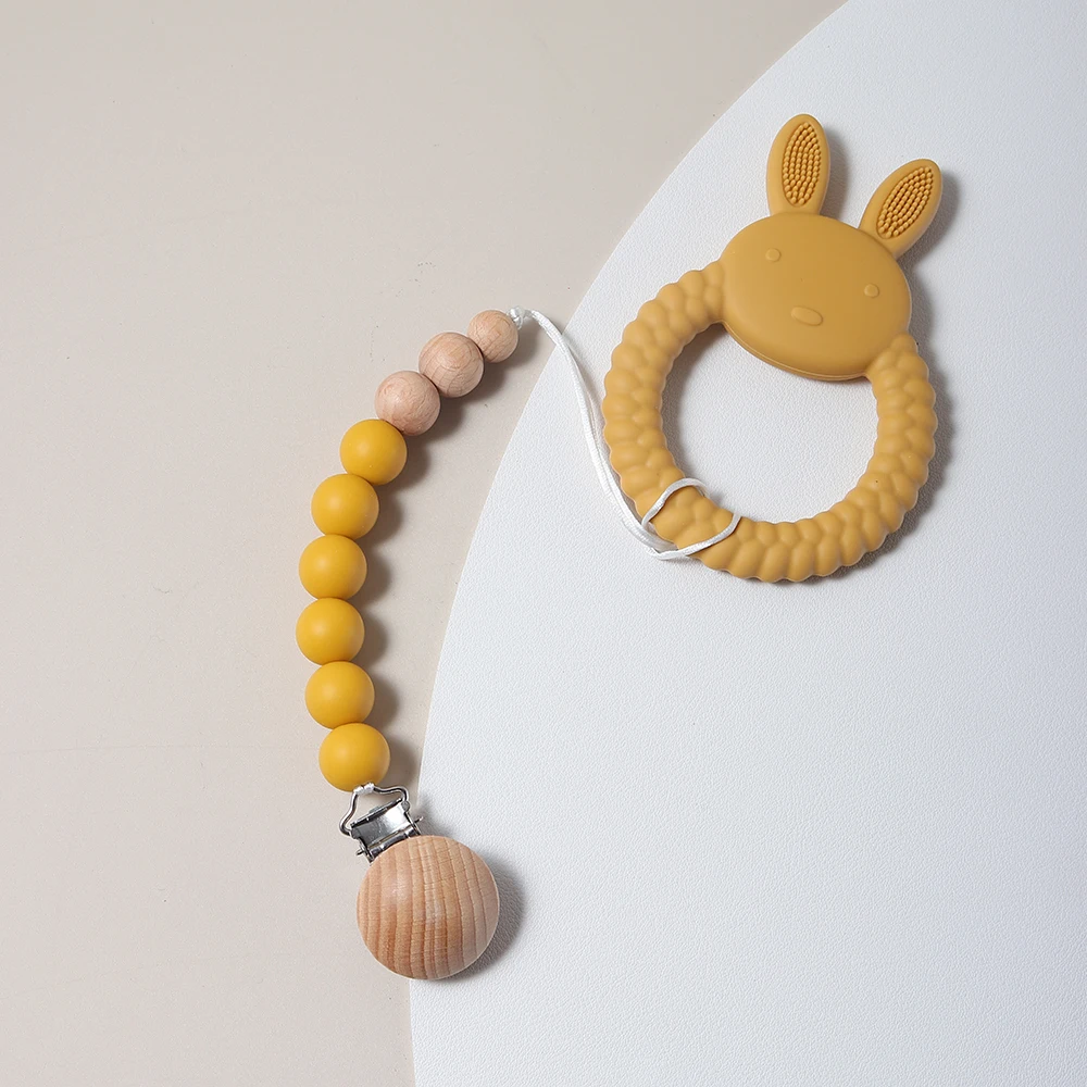 Pacifier Chain and Baby Teether Rabbit Bunny Shape Silicone Teether Teething Toy Kids Sensory Educational Toy Baby Gift Set