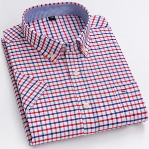38-47 Plus Size Mens Shirts Plaid Short Sleeve Oxford Cotton Casual Shirts