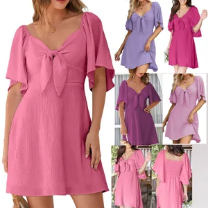 Latest Design 2026 Spring Summer Short Sleeve Bow Tie Deep V Neck Elegant Women Casual Mini Dresses