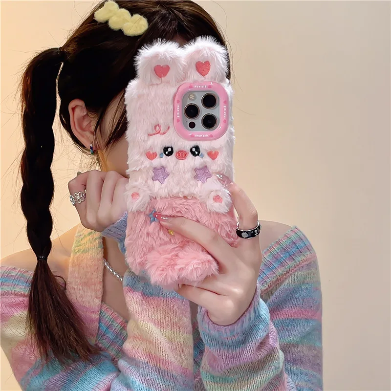 Cute Style Small Pig  Soft TPU Cover for iphone 15 14 13 Pro Autumn and Winter Plush Phone Case for iphone 12pro