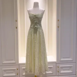 New Arrivals High-quality New Innovation French Mesh Dress Women 3D Floral Pleats and Embroidery Long Dress
