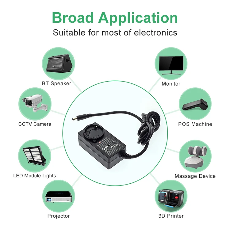 24V 2.5A 60W wall mount power supply universal interchangeable plugs 5.5*2.1*10mm with UL CE FCC RoHS approval factory