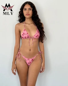 MLY Designer Luxury 2-Piece Bikini Set for Women Custom Stripe and Letter Print Swimwear Breathable Tie Side Swimsuit