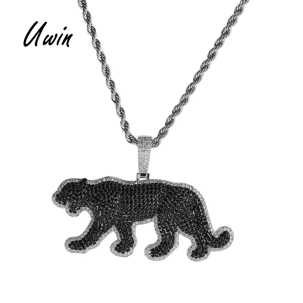 2024 UWIN Fashionable Black CZ Panther Pendant Iced Out Animal Leopard Necklace Unisex Jewelry