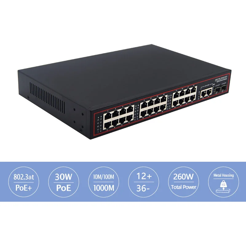 10/100/1000Mbps Gigabit 260W IEEE802.3AT 24 Port POE Fiber Switch with 2 RJ45 Uplink 2 SFP manufacture