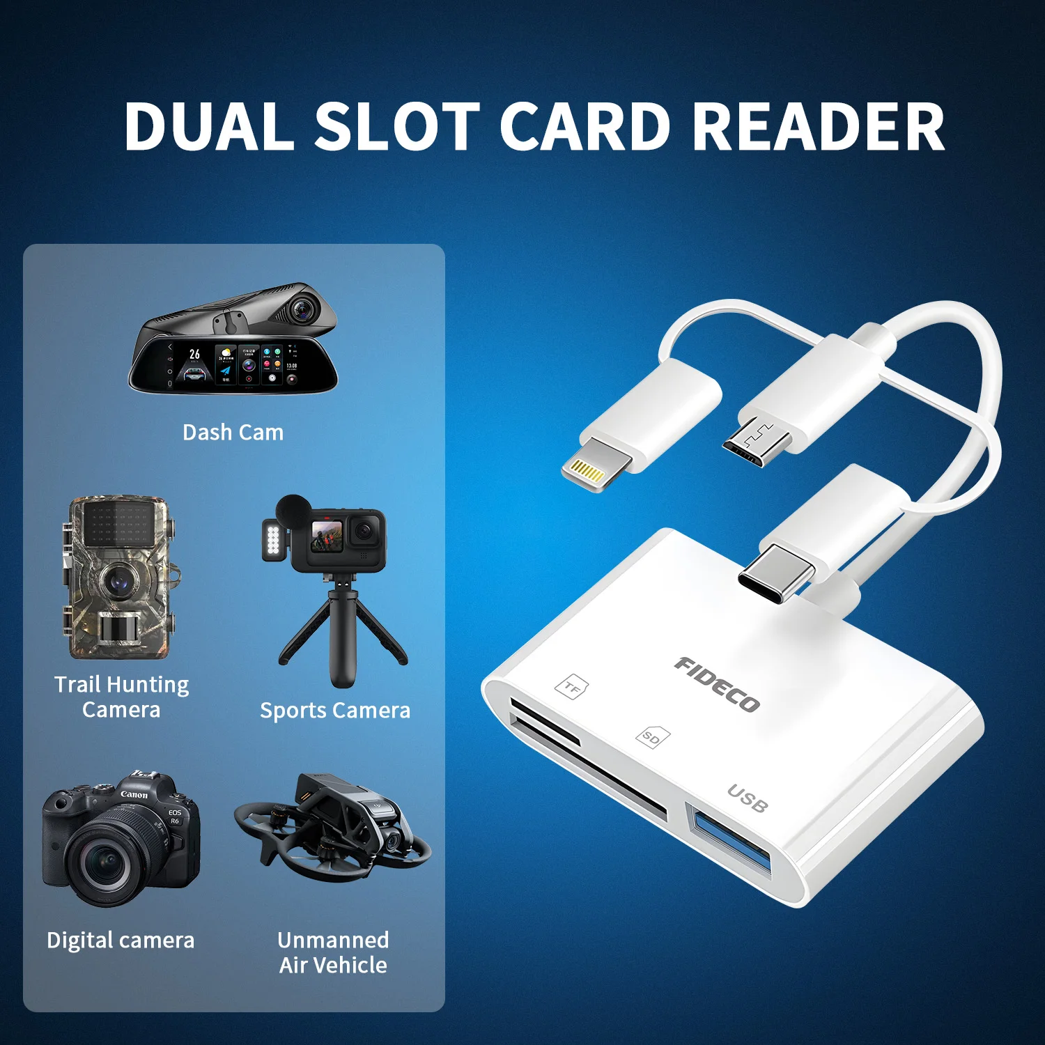 FIDECO High Speed Transfer 3 in 1 USB TF SD Card Reader Support OTG Lightning Micro Type C Multiport Reader Station for Iphone