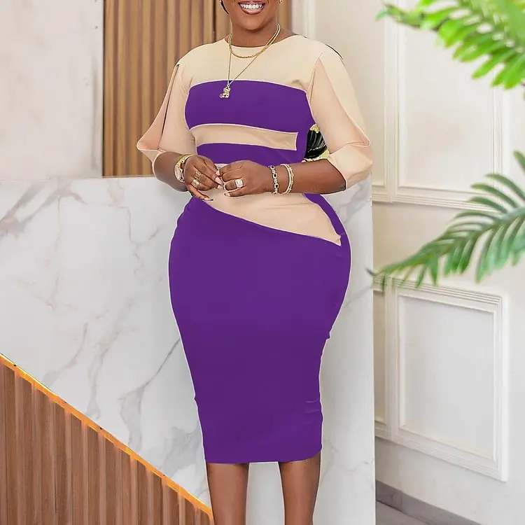 Latest Design Half Sleeve Contrast Color Elegant Dresses for Ladies Office Plus Size 3xl Women Formal Work Career Midi  Dresses