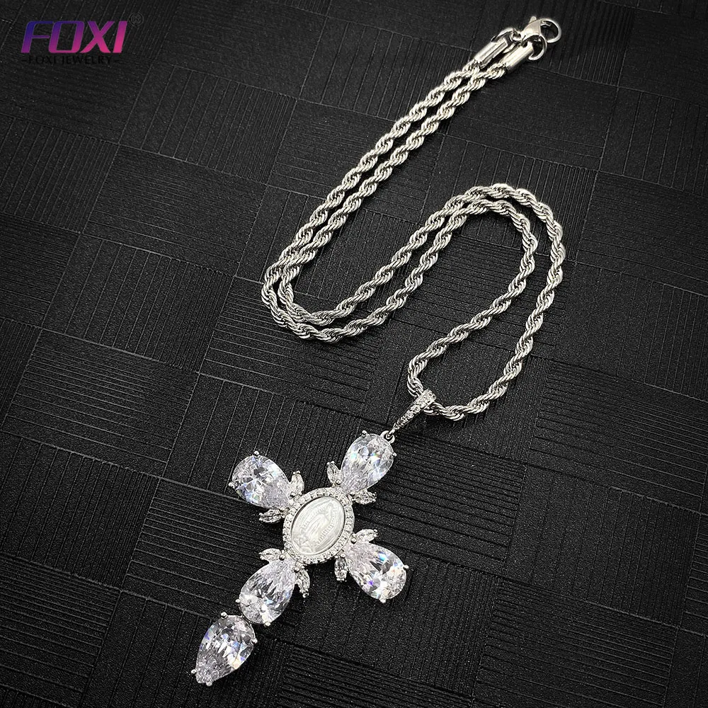 For Foxi Silver Gold Plated Virgin Mary Shell Necklace Custom Logo Religious Cross Jewellery with Zircon Brass As Main Ston