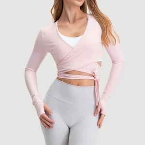 Pilates Styles Women Sport Outfit Workout 2026 Long Sleeves Shirts Active Yoga Top pink Wrap Sweatshirt for Girls