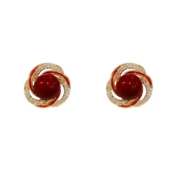 Luxury Red Pearl Stud Earrings for Women Gold-Plated Brass Jewelry with Zircon for Weddings Party Occasions Great Gift Idea