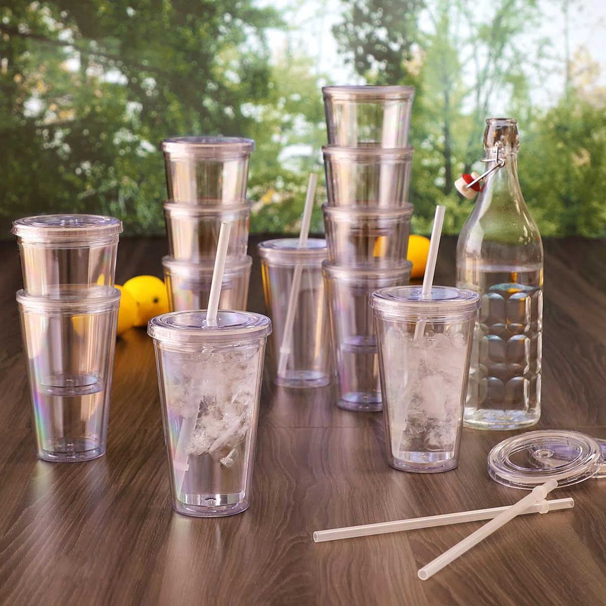 Wholesale 16 oz Classic Insulated Double Wall clear Acrylic Snowglobe  Tumblers Cup with Lids and Straws