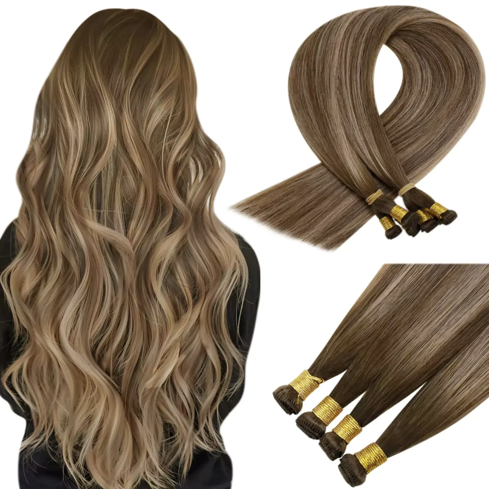 LaaVoo Invisible Hand Tied Hair Extensions 12 Months 100% Human Hair Seamless Sew in Hair_voghion.com