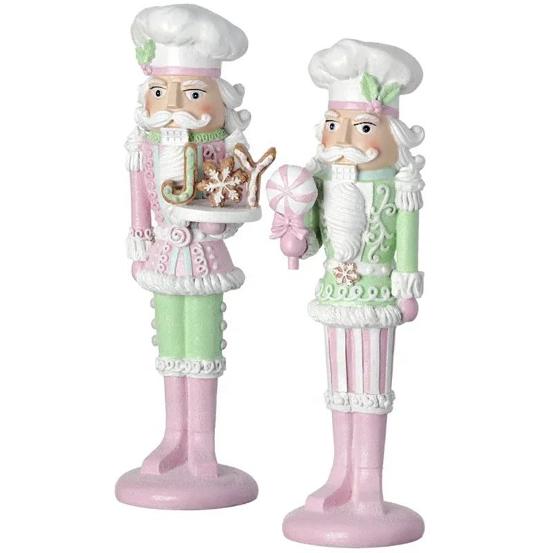 Estatua personalizada de resina de poliéster para decoración navideña de Nadal, macarróns de xengibre rosados, de pastela de menta e caramelo pastel, figura de Nozaloucos