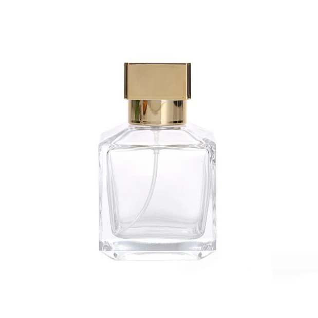 Square transparent crimp neck glass bottle 70ml square spray perfume bottle with electroplated gold cap