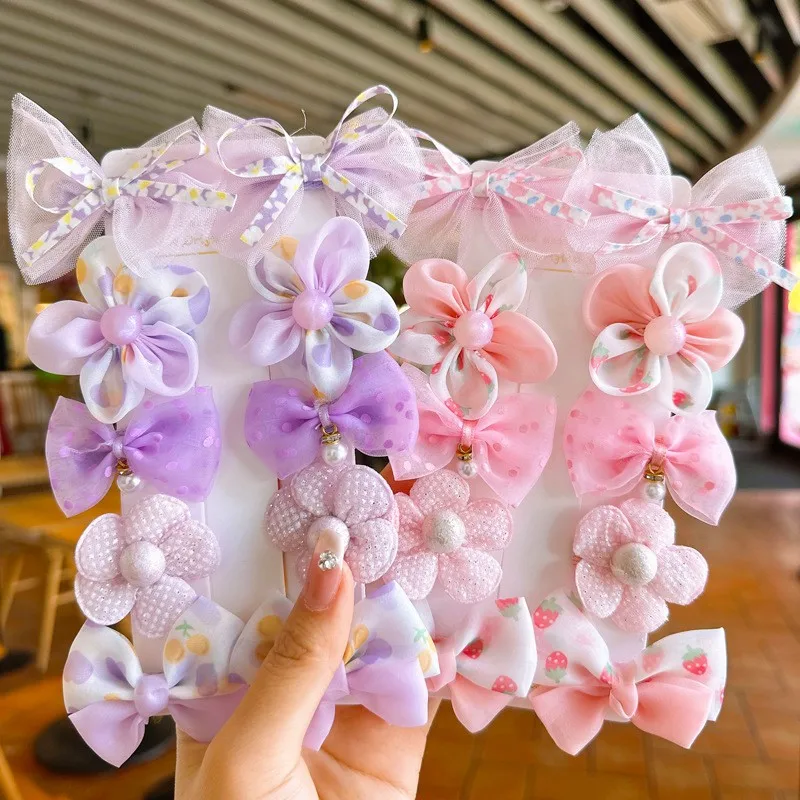 Children's gauze flower hair clip cute and sweet set fabric no hair damage duck beak clip baby bow hair accessories