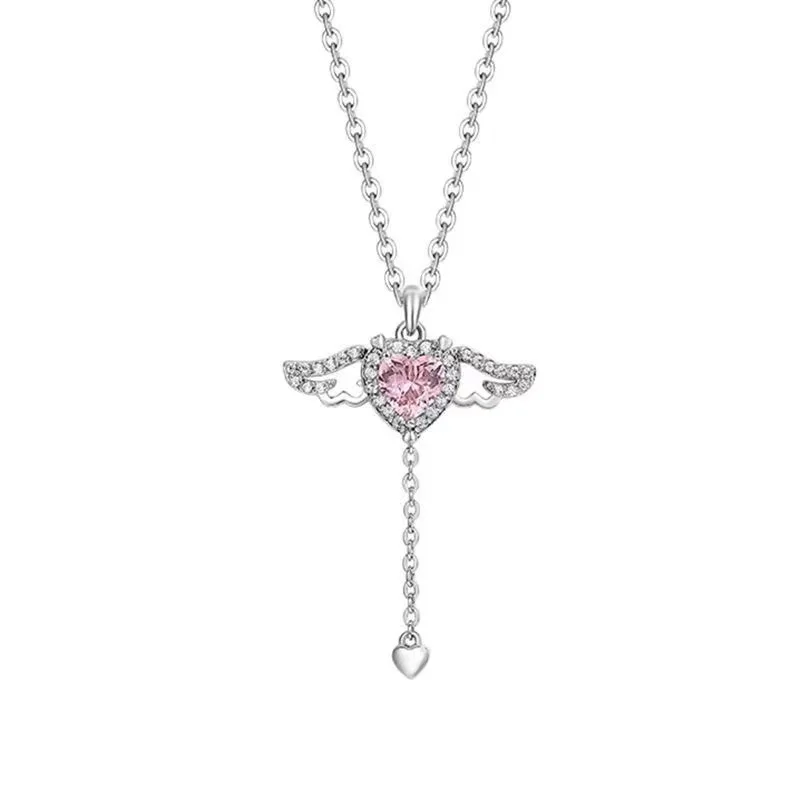Girl's Neck Chain Cupid Arrow Necklace Pink Crystal Angel Wings Heart Pendant Necklace for Woman Minimalist Jewelry