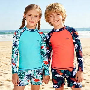 OEM Children's UV Swim Suit Eco-Friendly Kids Swimwear Swim Set Sustainable Soft Touch All-Over Hawaiian Prints Swim Shorts Vest