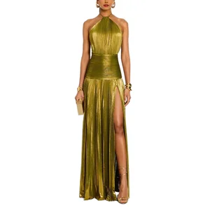 OUDINA Elegant Ladies Dress Trendy Metallic Pleated Slit Lace-up Halter Sleeveless Casual Camisole Logo Front Solid Floor-Length