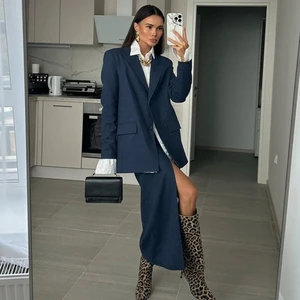 2025 Elegant Long Sleeve Blazer with High Waist Slit Long Skirt Set Fashion Loose Blue Stripe Women's Two Pieces Set
