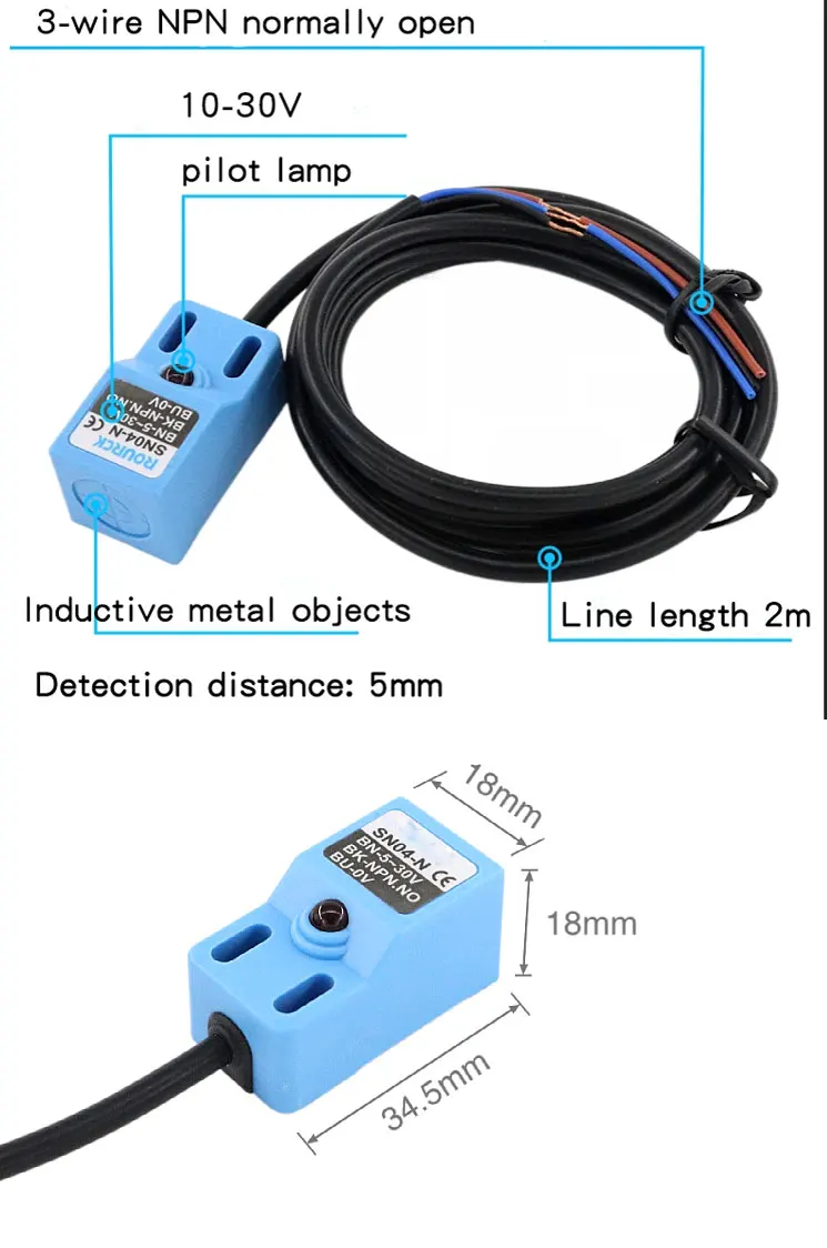 Proximity sensor 24v three wire output NPN NO detection distance 4mm square inductive proximity switch sensor details