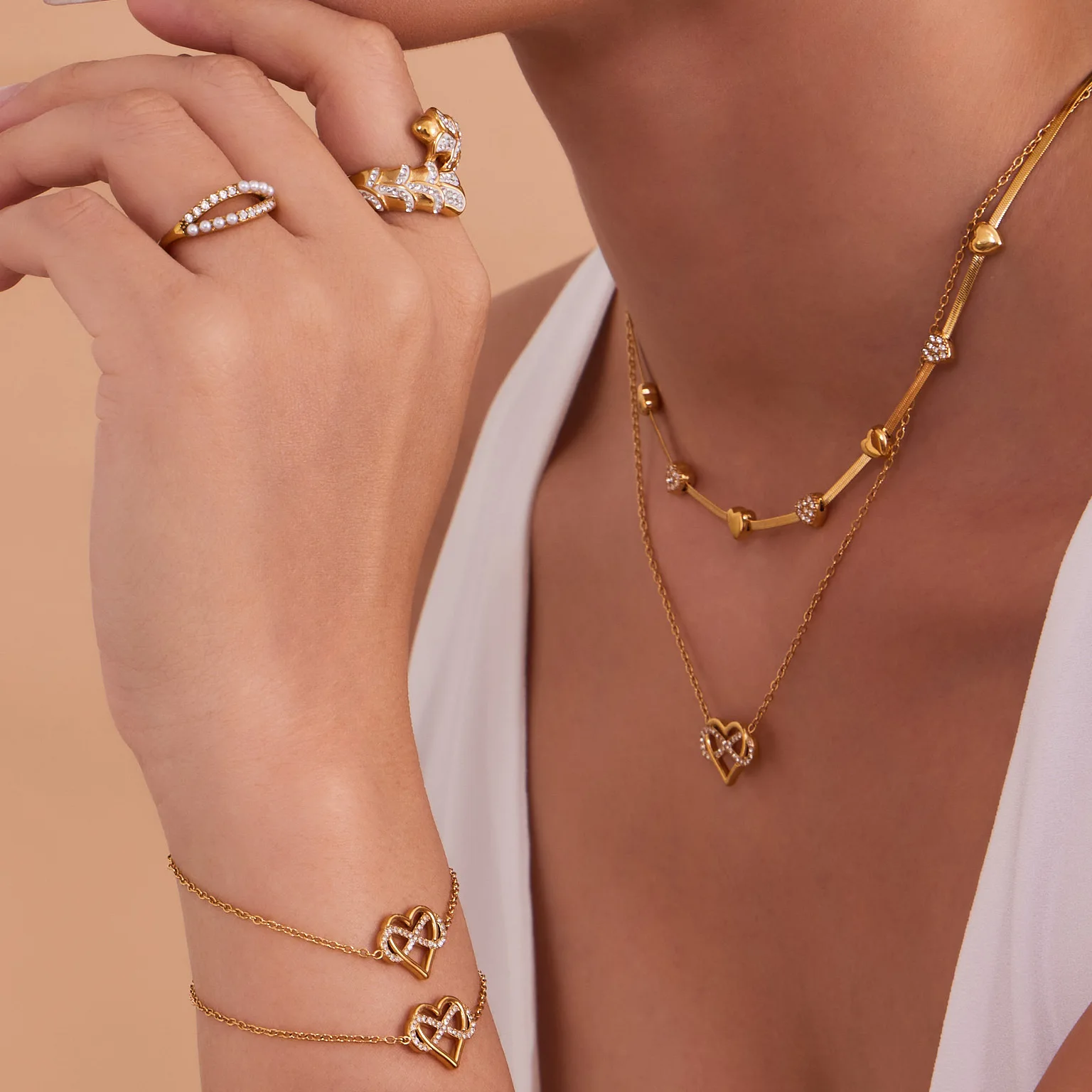 Elegant Gold-Plated Heart Necklace & Bracelet Set