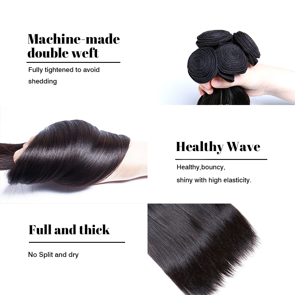 Unipearl Glattes Echthaar 3 Bundles – 100% Brasilianisches Haar, 25cm (10 Zoll), Natürliches Schwarz, Zum Einnähen