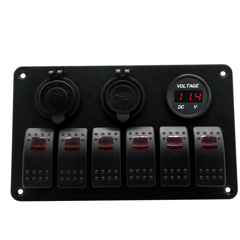 Wholesale DC 12V waterproof Rocker Switch Control Panel 6 Gang with USB Socket Voltmeter Cigarette Lighter Socket
