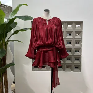 Flowy Lantern - Sleeve V - Neck Dress with Drawstring Waist Elegant Lantern Sleeve Drawstring DressV - Neck Design