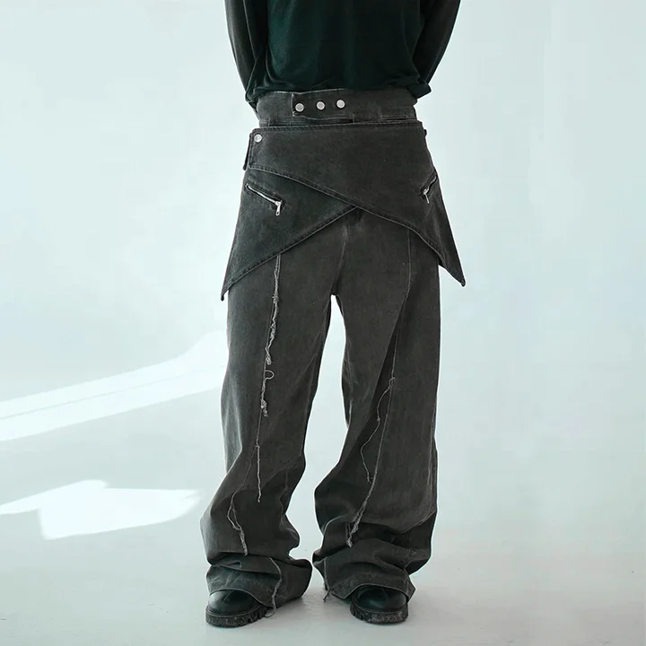 For Y2K High Waist Stone Wash Double Layer Detachable Skirt Vintage Denim Pants Baggy Trousers Flared Jeans Button Winter Men gallery 3