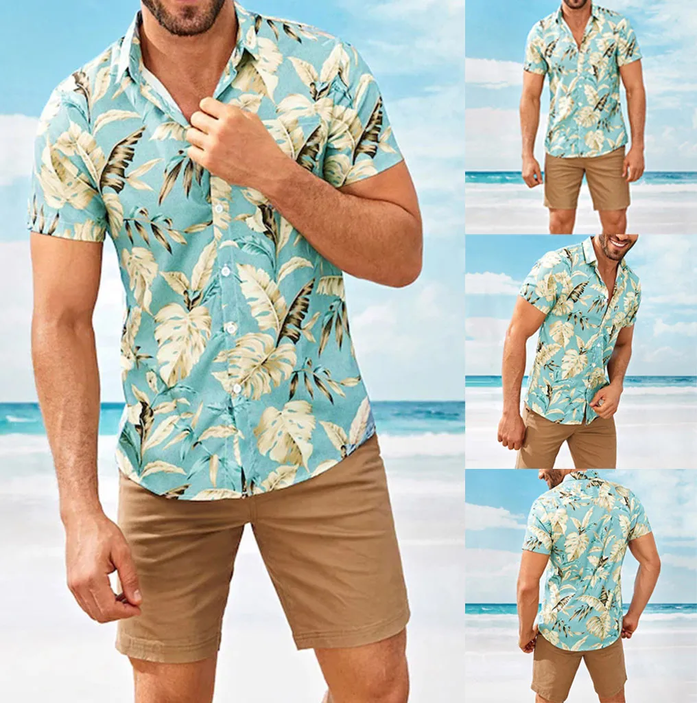 Summer casino men's shirt top casual short-sleeved Hawaiian shirt stand-up  collar strip printing cool thin shirt men's dress men