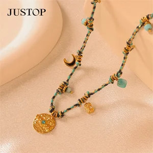 Tarnish Free Stainless Steel 18K Gold Plated Vintage Handmade Strand Unisex Set Necklace Bracelet Coin Pendant Crystal